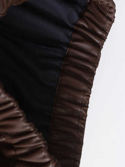 High Elastic Waist Coffee Pu Leather Long Wide Leg Pants New Trousers Women Fashion Tide Spring Autumn