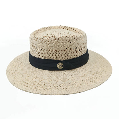 Chapéu de Palha Feminino de Verão Chapéu de Sol Luxuoso Feminino Chapéu de Praia de Proteção Solar da Moda Chapéu Panamá Francês Chapéu Raff de Aba Larga com Topo Abaulado