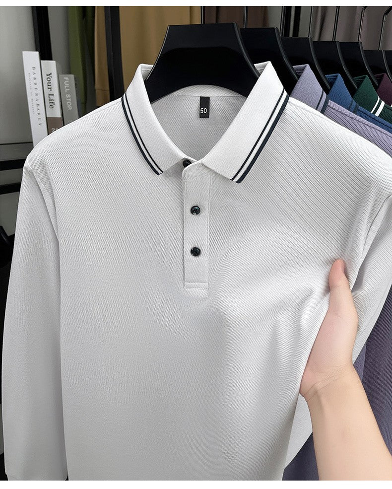 100% pure cotton high-quality long sleeve polo shirt men's autumn new style comfort casual luxury double striped lapel T-shirt