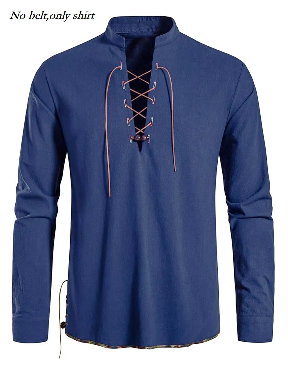 Runcati Mens Medieval Pirate Shirt Cotton Retro Lace Up Renaissance Shirts Viking Long Sleeve Halloween Costume Tops