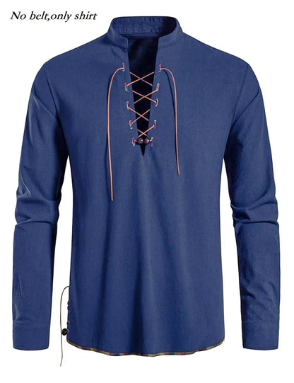 Runcati Mens Medieval Pirate Shirt Cotton Retro Lace Up Renaissance Shirts Viking Long Sleeve Halloween Costume Tops