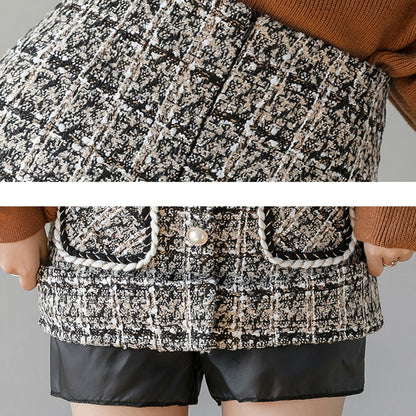 High Waist Single Breasted Women's Tweed Pencil Skirt With Pocket Autumn Winter Plaid Retro Woolen Short Skirts Female