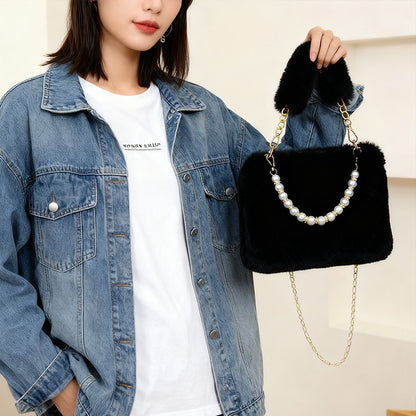 Fashionable Pearl Rabbit Fur Velvet Handbag Women's Crossbody Bag Chain Design Autumn Winter Small Versatile Bag Elegant