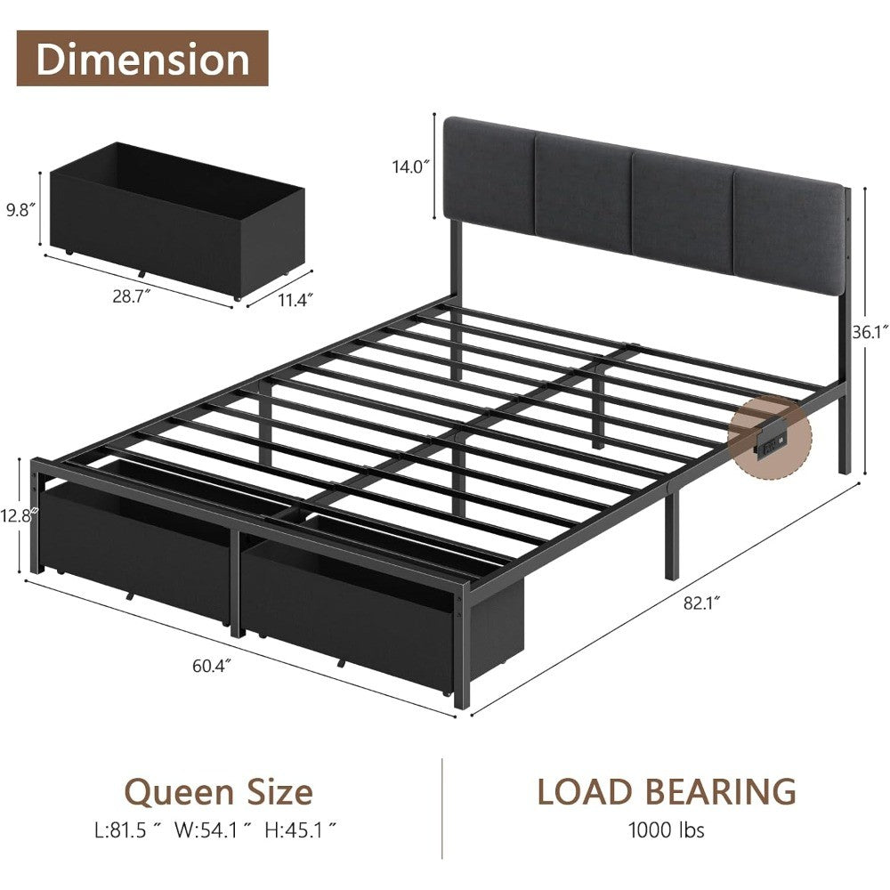 Queen Bed Frame with Headboard And Storage Drawer Upholstered Platform Bed Frame Queen Size with Charging Feature