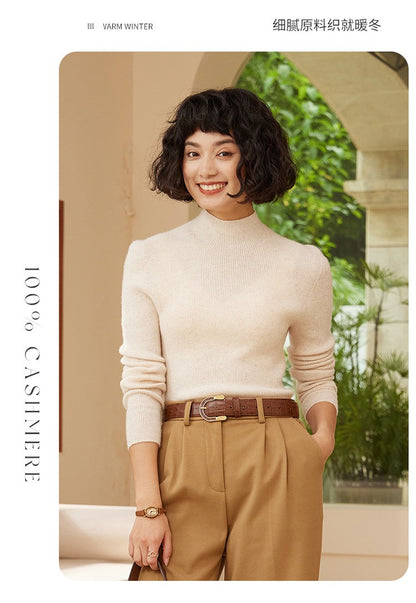 Autumn and winter new women's 100% pure cashmere semi high neck pullover sweater knitted slim fit hot selling women's top