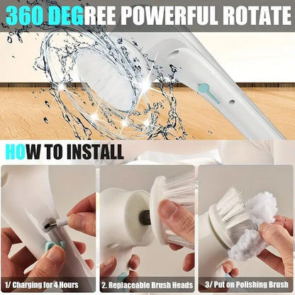 Cordless Handheld Scrubber with 5 Interchangeable Brush Heads, Rechargeable Rotating Cleaning Brush for Bathrooms, Kitchens, Flo