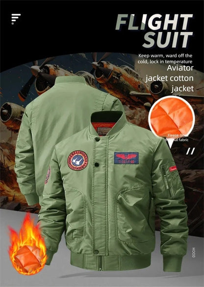 Unisex Winter Thicken Warm Bomber Jacket Air Force Style Flight Parkas Coat with Cotton Embroidery Casual Outwear for Men