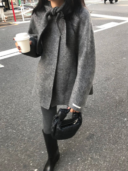 Korean Sle Woolen Coat Women's Chic Temperament Sweet Bow Tie Collar Hooded Warm Woolen Coat Long Sve Mid-Length