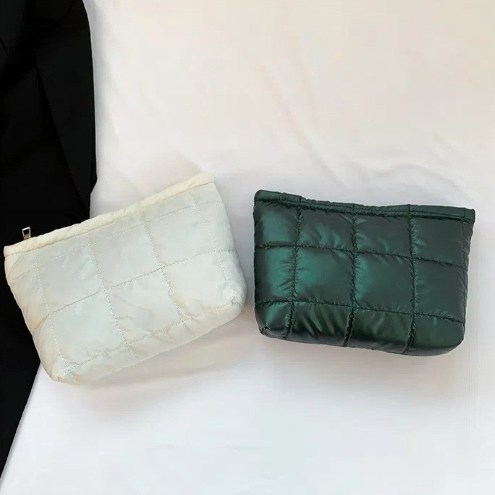 Cotton Filled Puffer Pouch Large Capacity Storage Purse Puffer Padded Makeup Bag Sewn Waterproof Thick Plaid Clutch Bag Daily