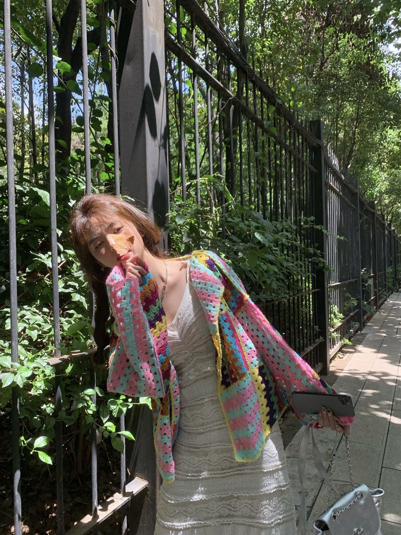 SALIENCY Colorful Crochet Knit Hollow Cardigan Sweater Jacket Women Spring Top Loose Short Knitwear
