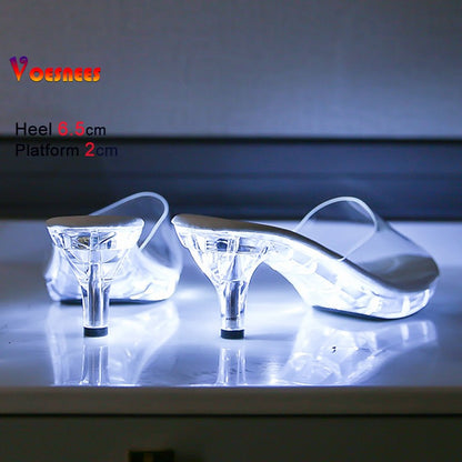 6CM Women's Kitten Heels Slides LED Light Sandals Nightclub Slim Heel Transparent Crystal Outside Slippers Tourist Beach Shoes