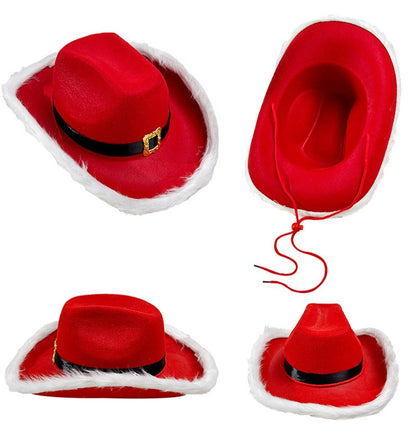 Red Christmas Cowboy Hat with Feather & Gold Buckle, Western Party Hat for Women Men, Floppy French Jazz Cap for Xmas