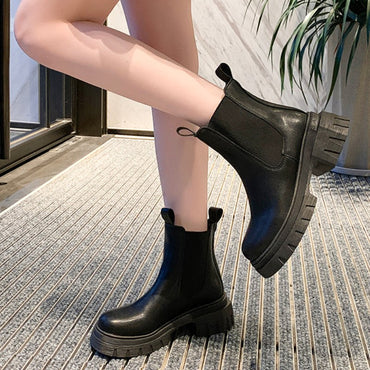 Autumn and Winter New Round Toe Low Heel Women's Boots Chelsea Motorcycle Boots Solid Color Breathable Casual Women's Boots