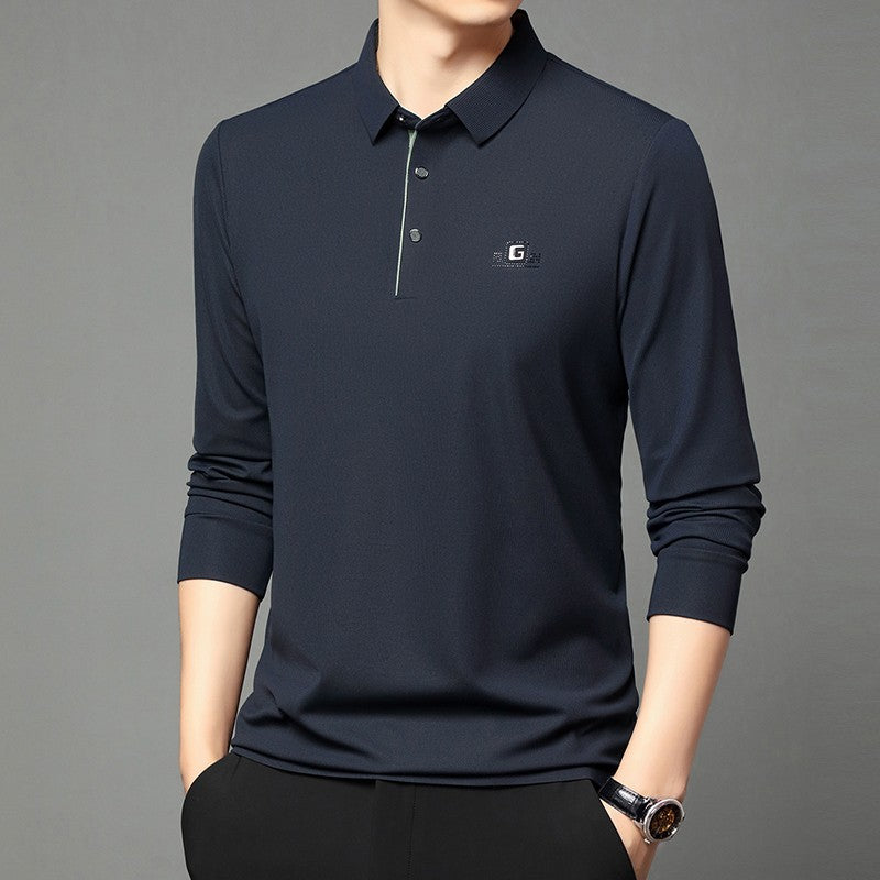 New Men's Business Casual Long Sleeved Shirt with Badge Solid Color Polo Shirt Fashionable Breathable Comfortable Versatile Top