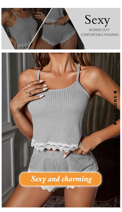 Soft Comfortable Women Sleeveless T-Shirts and Shorts Loose Home Wear Underwear Sexy Lace Pajamas Set