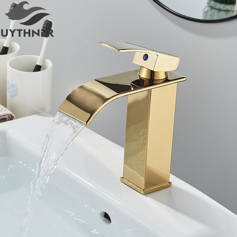Brushed Golden Basin Faucets Elegant Waterfall Bathroom Sink Faucet Single Lever Hole Deck Mount Brass  Mixer Taps