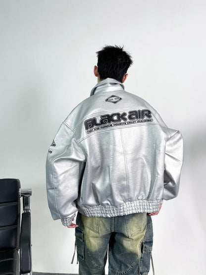 Heavy Duty Embroidered Men's Motorcycle Leather Jacket, Silver Edgy Aesthetic Windbreaker for Men, Autumn Fashion Mans Clothes