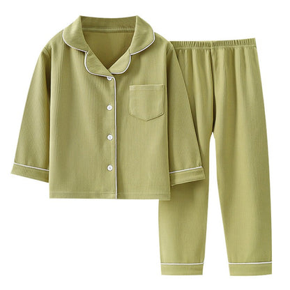 New Autumn Winter Kids Thermal Pajamas Set, Boys and Girls Fleece Long Sleeve Lapel Home Wear Two-Piece Outfit
