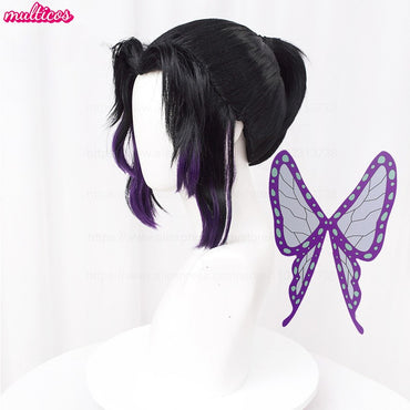 High Quality Kochou Shinobu Kocho Cosplay Wig 35cm Black Purple Pigtail Heat Resistant Synthetic Hair Anime Wigs + Wig Cap