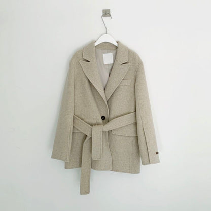 Retro Chic Autumn Winter Woolen Coat One Button Long Sve Suit Collar Waist Cinched Side Slit Warm Knitwear for Women