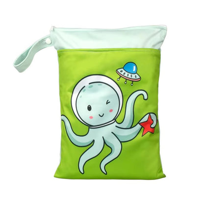 Washable PUL Waterproof Wet Dry Bag - Cute Print, 2 Pockets for Cloth Diapers, Travel, Beach, Pool & Gym| Toiletry Bag