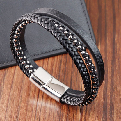 Pulseira de Couro Masculina, Formato Infinito, Padrão Popular, Joias de Aço Inoxidável, Acessórios, Presente