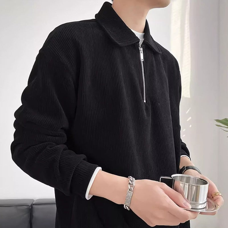 Autumn Vintage Polo Collar Sweater Men's Thickened Loose-Fit Half Zipper Knitwear New Anti-Pilling Flip Pullover Knit Sweaters