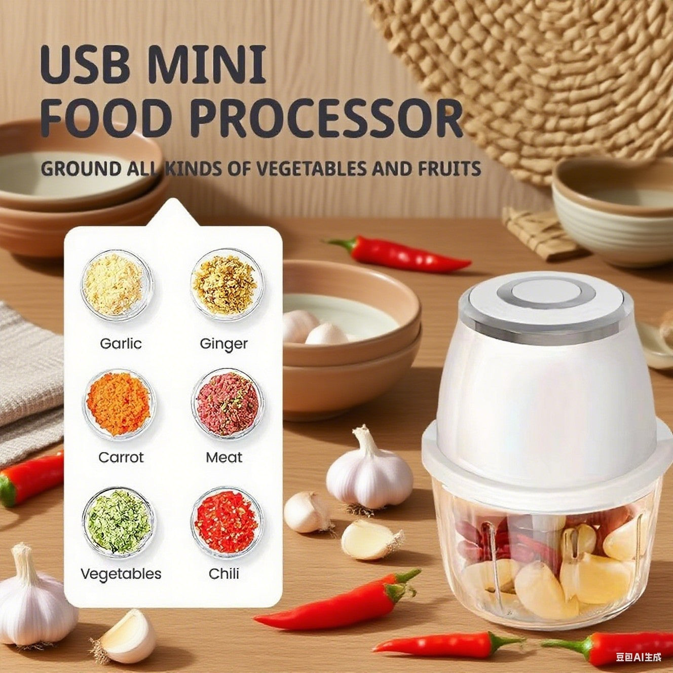 Mini Processador de Alimentos Elétrico TINSOL 350ML, Picador de Carne, Amassador de Alho, USB, Multifuncional, Fatiador de Vegetais, Liquidificador, Misturador de Cozinha