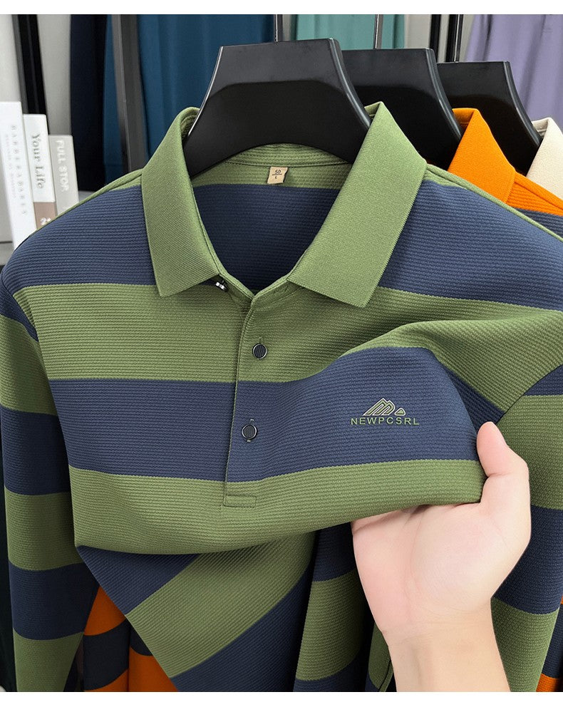 Unique stripe color blocked long sleeve polo shirt men high-end trend brand letters embossed spring autumn new comfort T-shirt