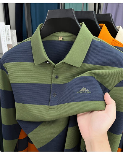 Unique stripe color blocked long sleeve polo shirt men high-end trend brand letters embossed spring autumn new comfort T-shirt