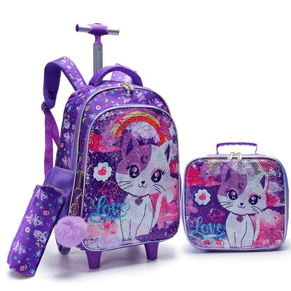 Conjunto de 3 peças Mochila de Rodinhas para Meninas, Linda Mochila Escolar com Rodas de Gatinho de Desenho Animado com Lantejoulas para Alunas do Ensino Fundamental, com Lancheira e Estojo