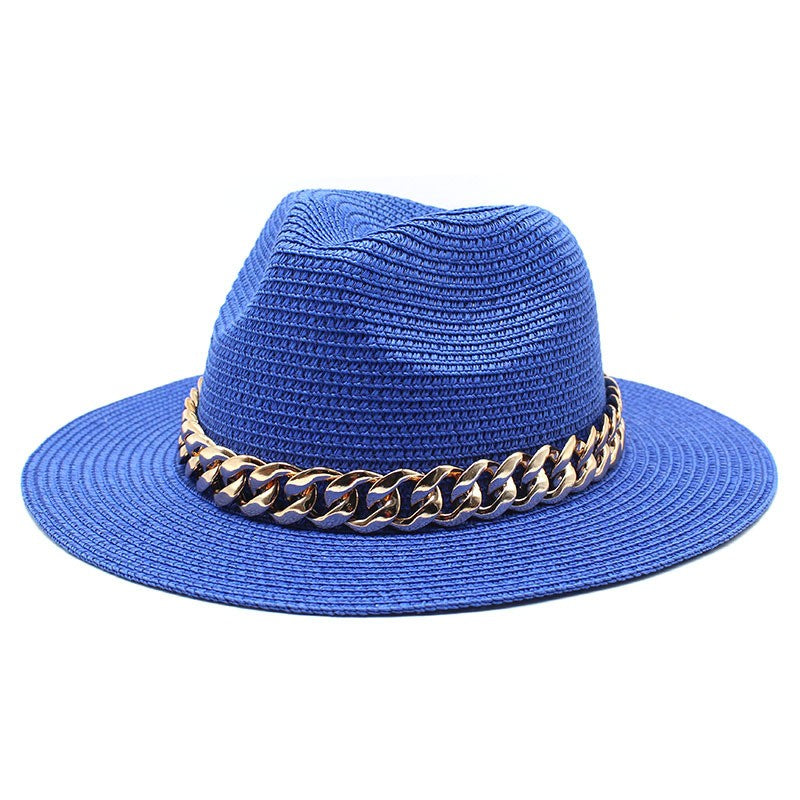 Set Straw Hat and Bag Set Gold Chain Bag Hat Set Ladies Leather Bag Tote Church Fedora Party Jazz Straw Hat