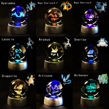 Pokemon Crystal Ball 3D Pikachu Mewtwo Mew Gengar Luz Noturna Luminária Base Pokebola Cristal Pokemon Bola de Vidro Figura Presente de Aniversário