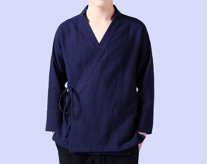 Men's linen vest Men's shirt Long sleeved Chinese official collar Traditional Kung Fu Tang casual social shirt Plus size shirts