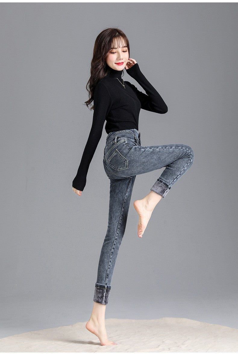 Autumn Winter Skinny Jeans Fashion Women Thermal Fleece High Waist Stretch Warm Pencil Pants Casual Velvet Button Denim Pant