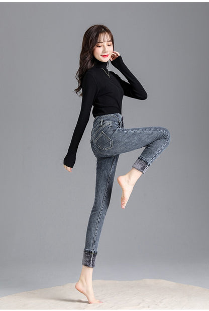 Autumn Winter Skinny Jeans Fashion Women Thermal Fleece High Waist Stretch Warm Pencil Pants Casual Velvet Button Denim Pant