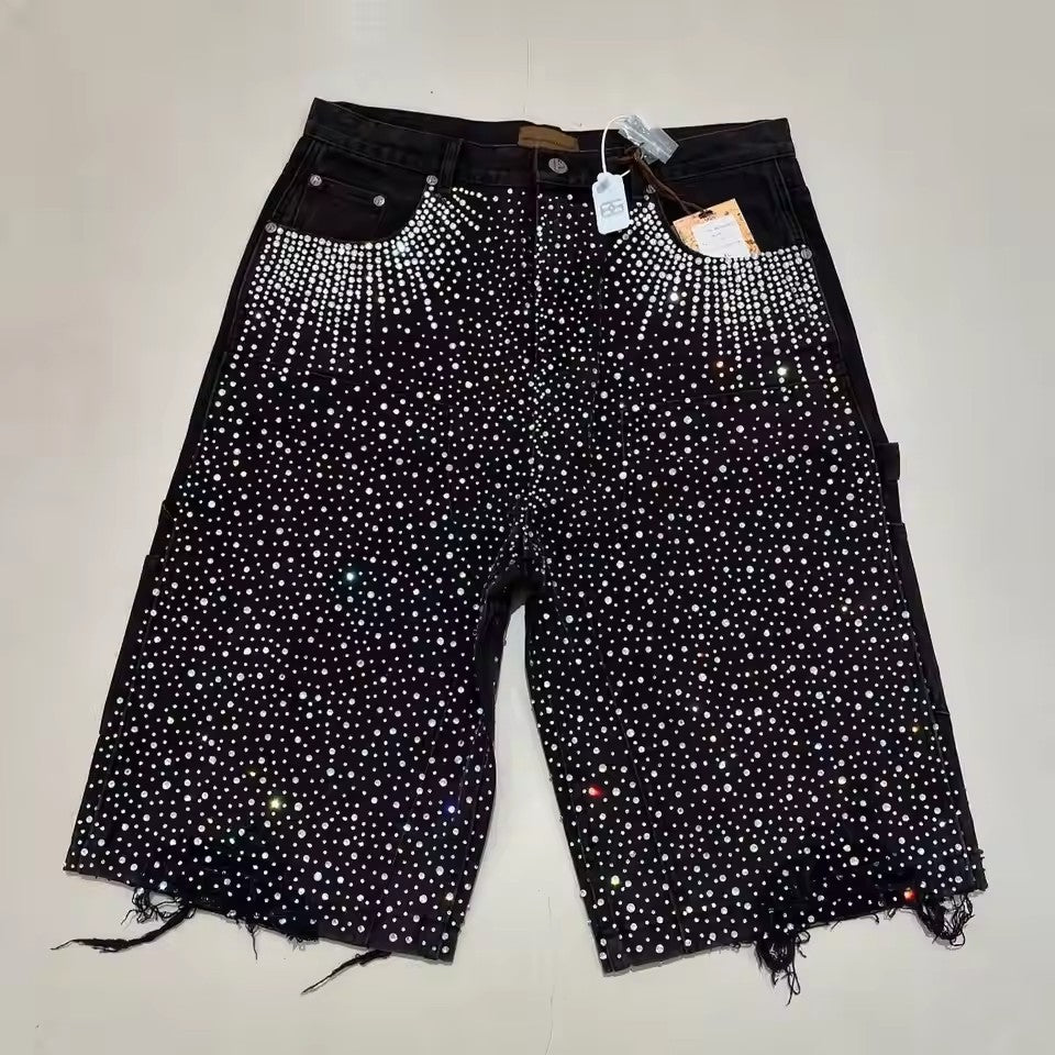 Streetwear Mens Womens Vintage Rhinestone Sequin Denim Shorts Y2K Jeans Hip Hop Washed Baggy Jeans Low Rise Over The Knee Pants