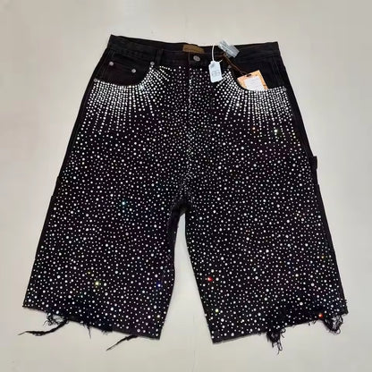 Streetwear Mens Womens Vintage Rhinestone Sequin Denim Shorts Y2K Jeans Hip Hop Washed Baggy Jeans Low Rise Over The Knee Pants