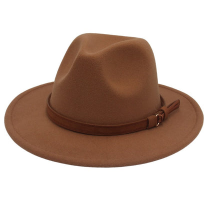 Classic Brown Belt Women Fedora Hats Autumn Winter Gentleman Jazz Felt Hat For Men Retro Church Lady Flat Wide Brim Dress Hat