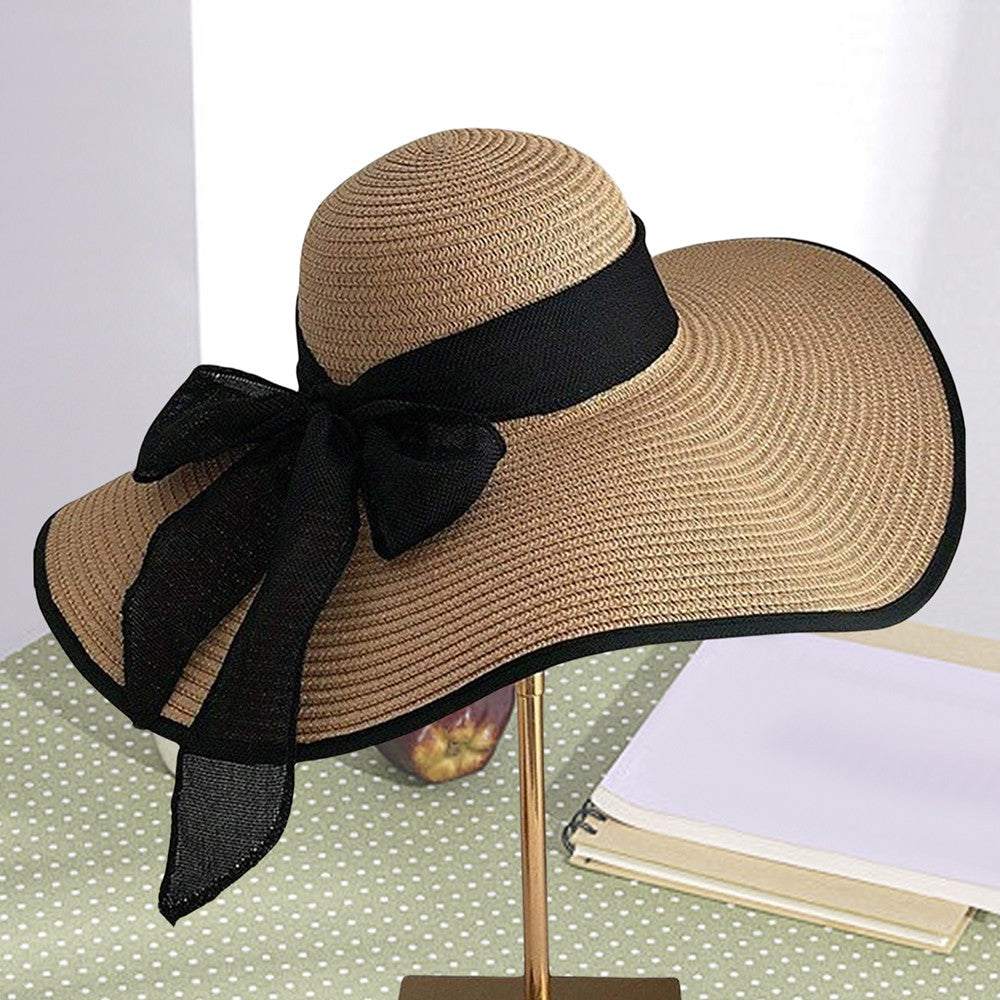 Beach Straw Hat For Women Summer Seaside Vacation Oversized Brim Wweet Bow Lace Edge Sun Protection Hat Foldable