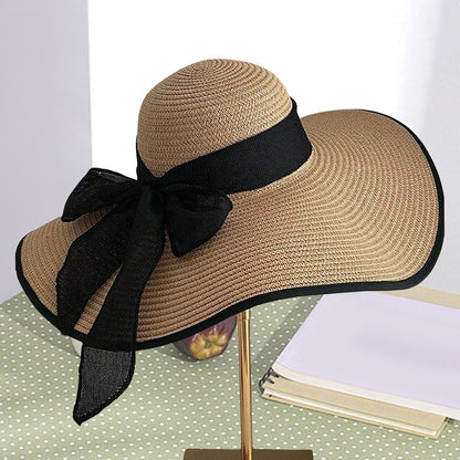 Beach Straw Hat For Women Summer Seaside Vacation Oversized Brim Wweet Bow Lace Edge Sun Protection Hat Foldable