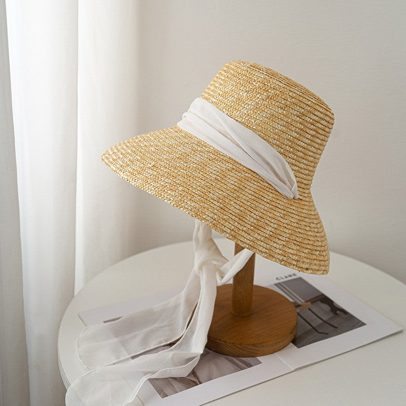 2024 Summer Straw Hat Beach Hat Women's Seaside Sun Hat Vacation Bow Ribbon Flat Top Big Brim Straw Hat praia ??