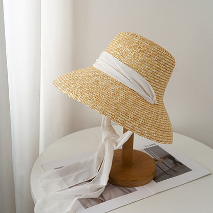 2024 Summer Straw Hat Beach Hat Women's Seaside Sun Hat Vacation Bow Ribbon Flat Top Big Brim Straw Hat praia ??