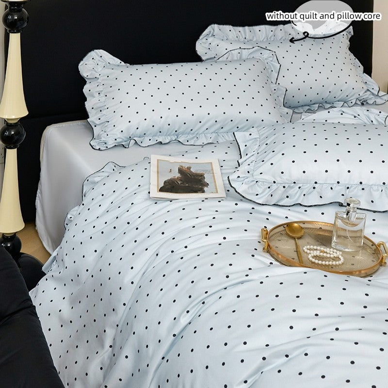 Conjunto de capa de edredom coreana de renda 3 peças (1*Capa de Edredom + 2*Fronhas, Sem enchimento), Conjunto de cama com estampa de bolinhas pretas