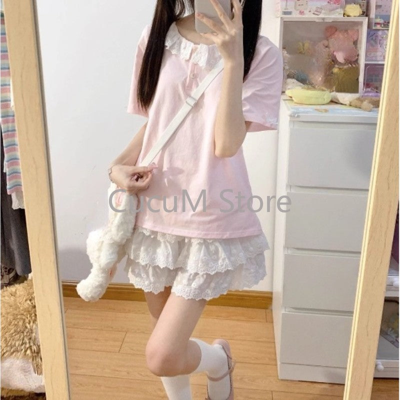 Sweet Cute Lace Cake Skirt Kawaii Lolita Japanese Mini Layered Ruffles Skirts Y2k Harajuku Casual Women Summer 2025 Skirts