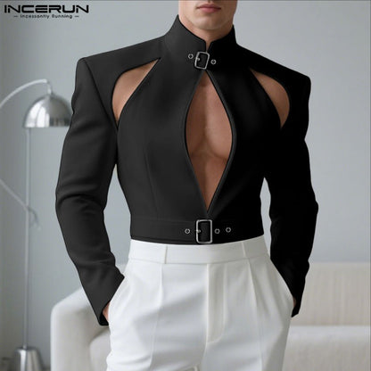 INCERUN Men Blazer Solid Stand Collar Long Sleeve Hollow Out Male Suit Streetwear Personality Fashion Casual Blazer With Belt