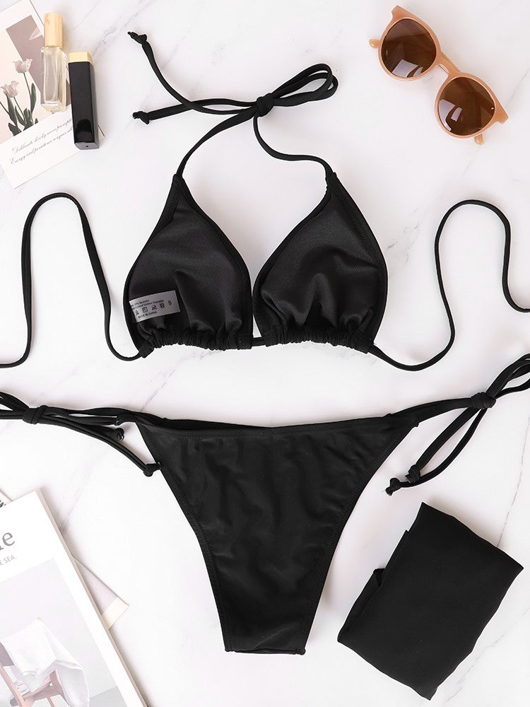 Women's Bikini Set Summer Beach Style Solid Black Lady's Sexy Swimsuit Bikini Three-Piece Set Triangle Bandage Female Beachwear