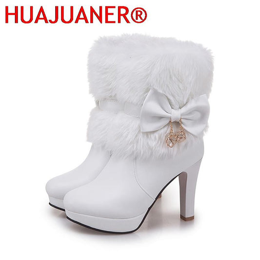 2025 New Fashion Womens Winter High Heel Boots Pink White Black Fur Tassel Bowtie Lovely Lolita Ladies Party Wedding Shoes