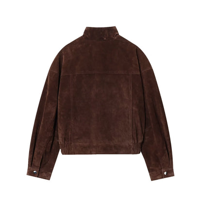 NERHEFZ Women Autumn Jacket with Pockets High Collar Long Sleeve Button Suede Leather Women's Jacket Lady Coats Female Chic Tops