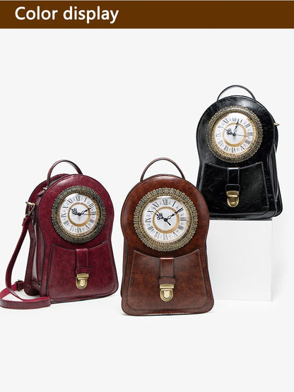 Vintage Clock Backpack, Clock-Style Fashion Shoulder Bag, Crossbody Backpack, Trendy Cool Clock Design, Large-Capacity Multifunctional Travel Bag, British Style Vertical Party Backpack, Waxed Leather Three-Dimensional Bag, Holiday Gift for Christmas
